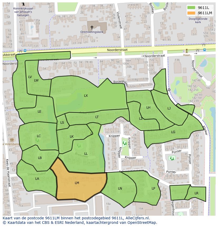 Afbeelding van het postcodegebied 9611 LM op de kaart.