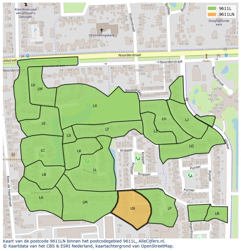 Afbeelding van het postcodegebied 9611 LN op de kaart.