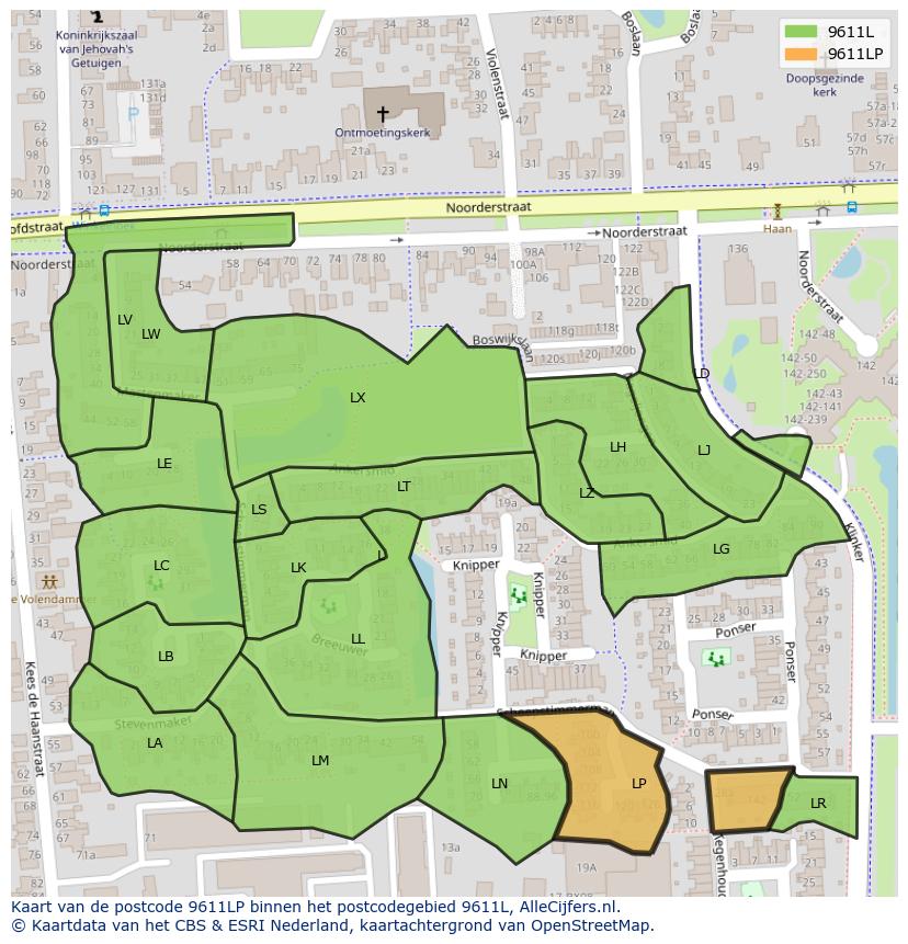 Afbeelding van het postcodegebied 9611 LP op de kaart.