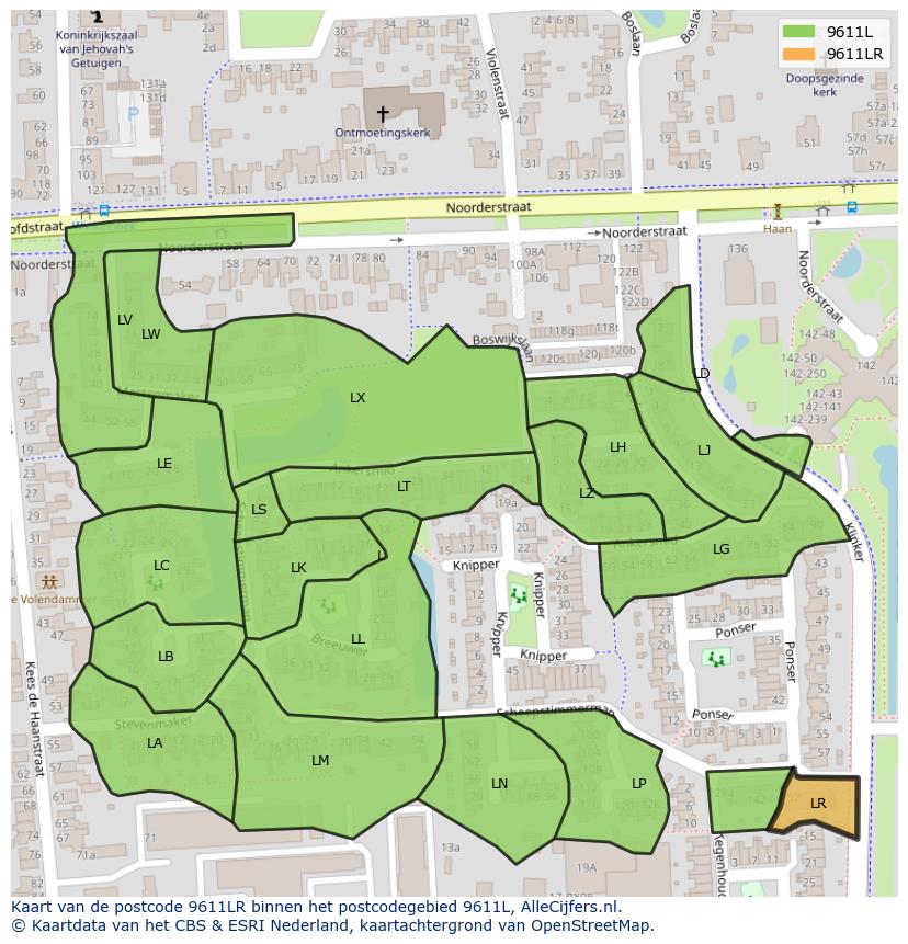 Afbeelding van het postcodegebied 9611 LR op de kaart.