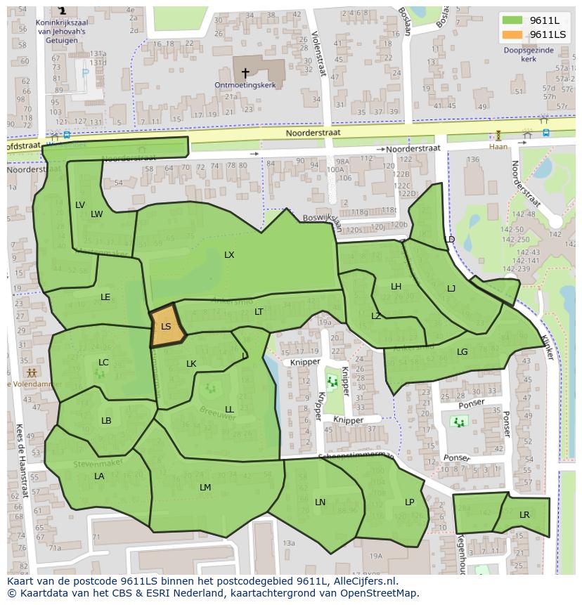 Afbeelding van het postcodegebied 9611 LS op de kaart.