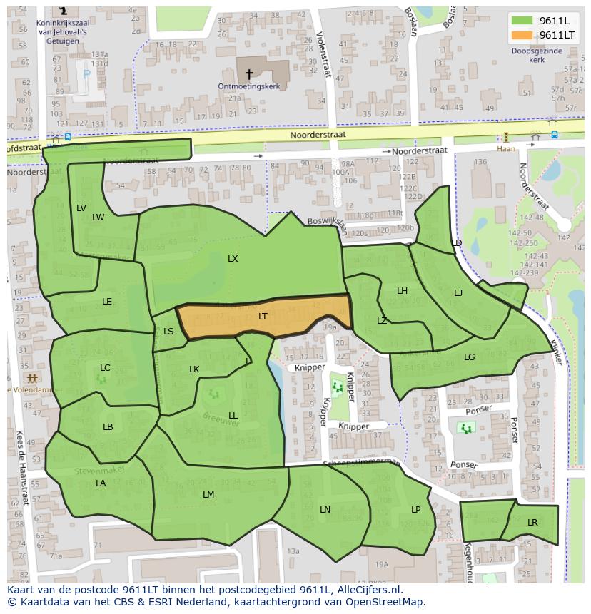 Afbeelding van het postcodegebied 9611 LT op de kaart.