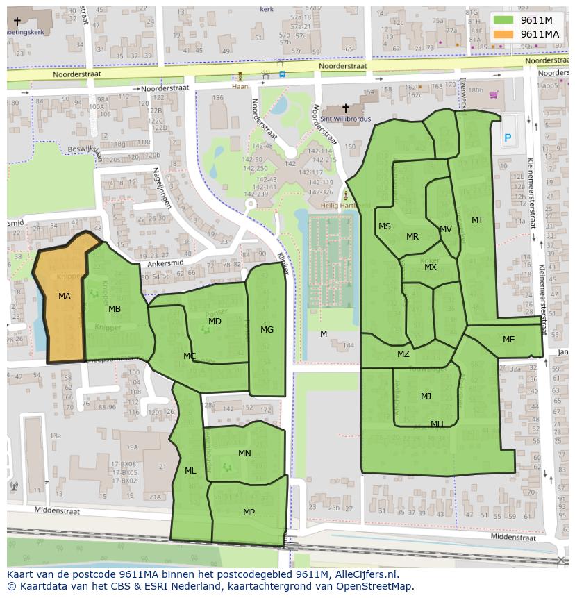 Afbeelding van het postcodegebied 9611 MA op de kaart.