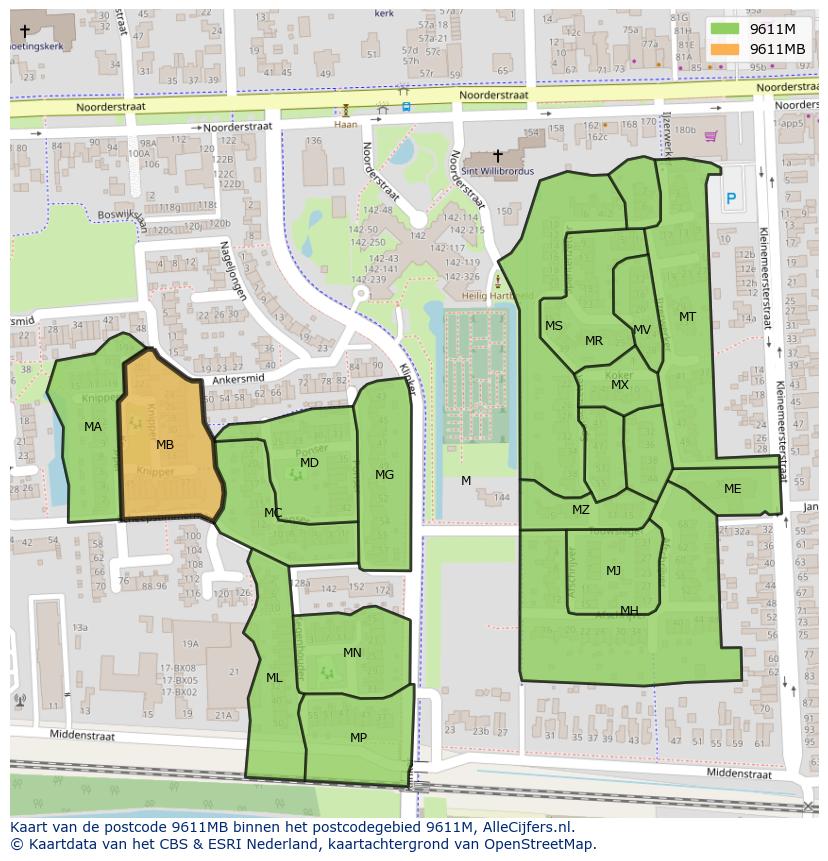 Afbeelding van het postcodegebied 9611 MB op de kaart.