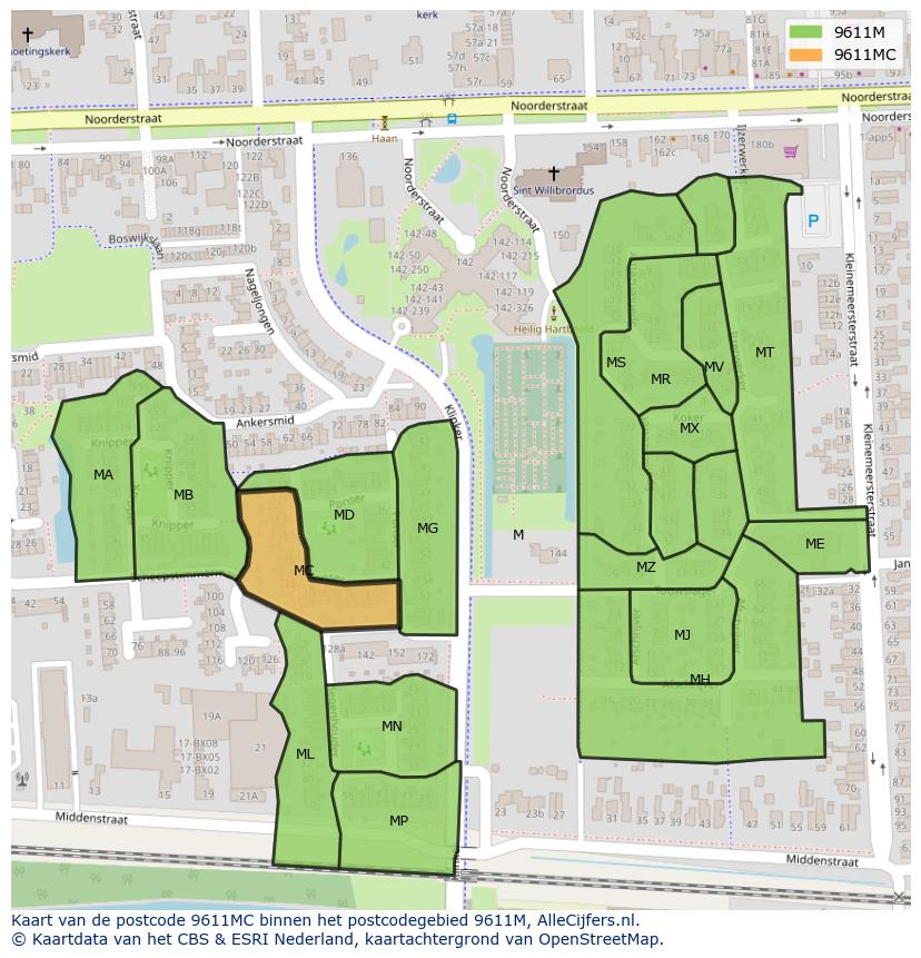 Afbeelding van het postcodegebied 9611 MC op de kaart.
