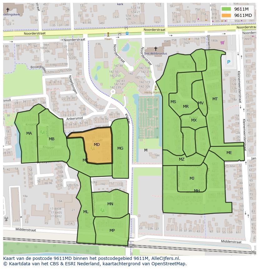 Afbeelding van het postcodegebied 9611 MD op de kaart.