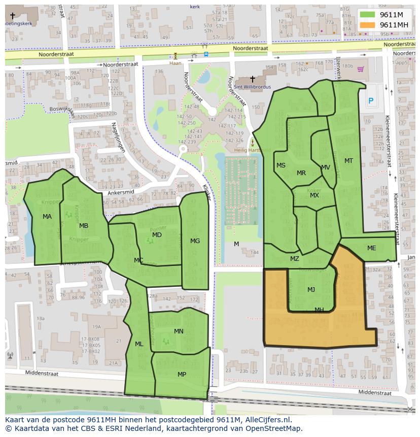 Afbeelding van het postcodegebied 9611 MH op de kaart.