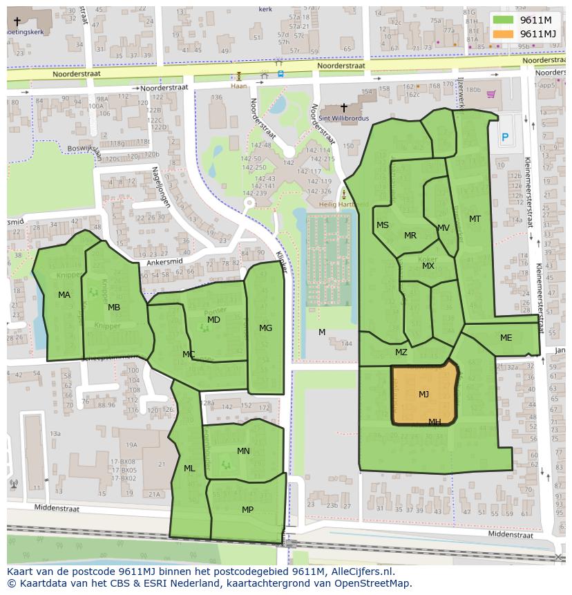 Afbeelding van het postcodegebied 9611 MJ op de kaart.