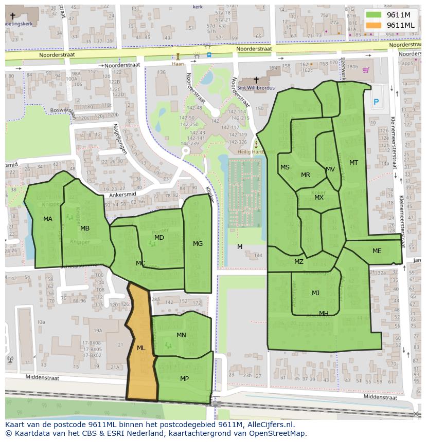 Afbeelding van het postcodegebied 9611 ML op de kaart.