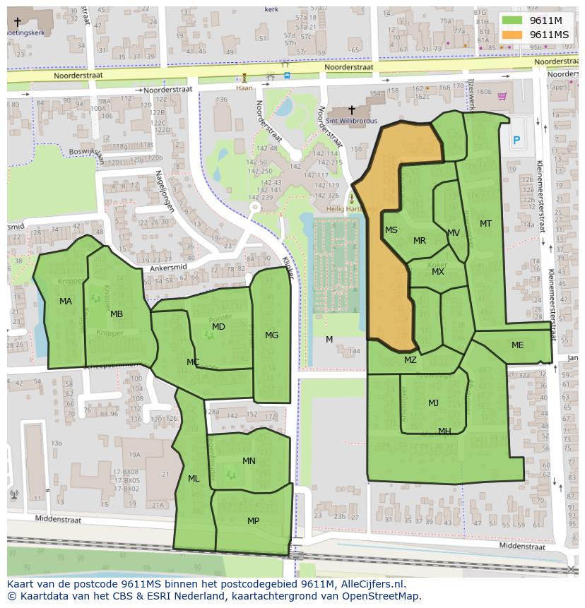 Afbeelding van het postcodegebied 9611 MS op de kaart.