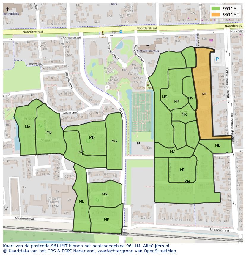 Afbeelding van het postcodegebied 9611 MT op de kaart.