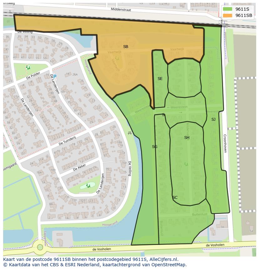 Afbeelding van het postcodegebied 9611 SB op de kaart.
