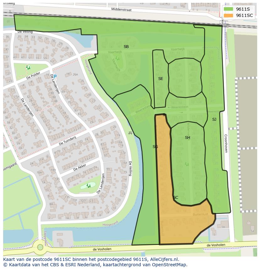 Afbeelding van het postcodegebied 9611 SC op de kaart.