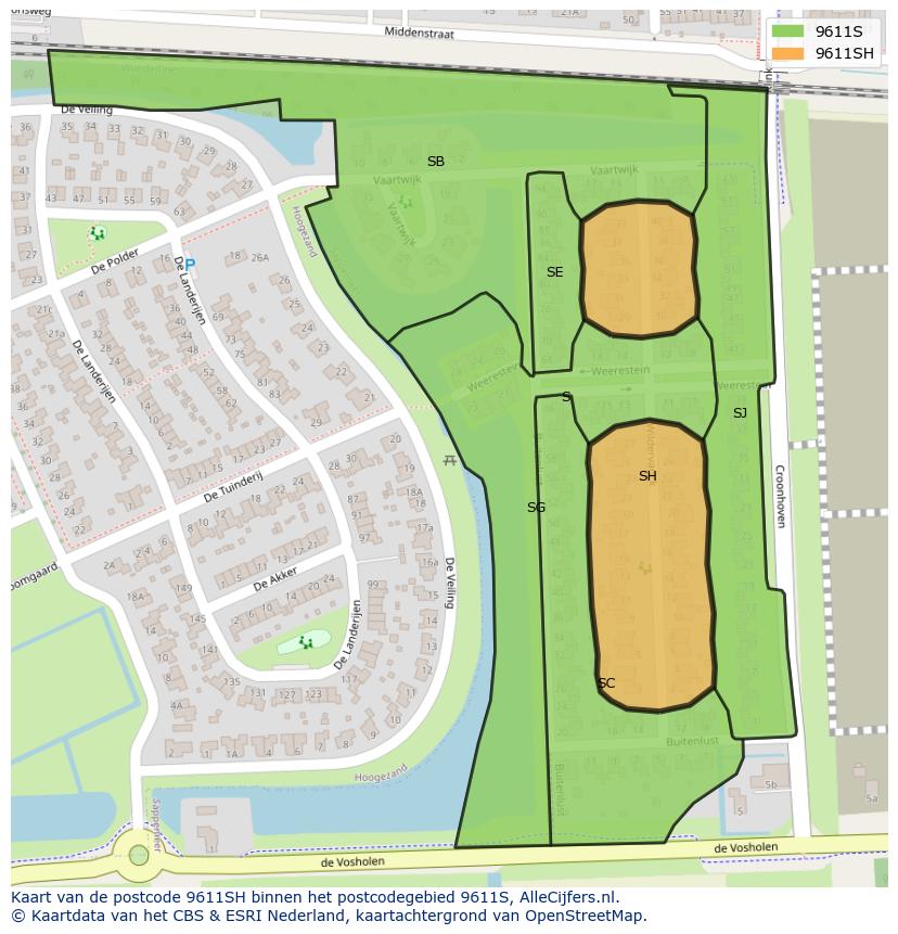 Afbeelding van het postcodegebied 9611 SH op de kaart.