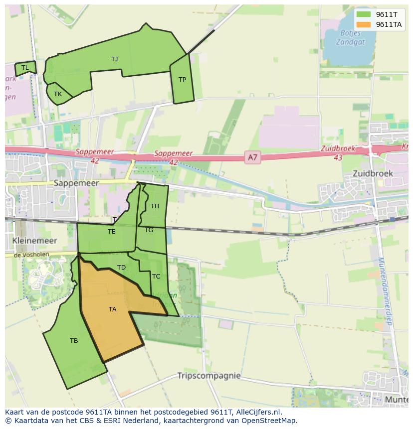 Afbeelding van het postcodegebied 9611 TA op de kaart.