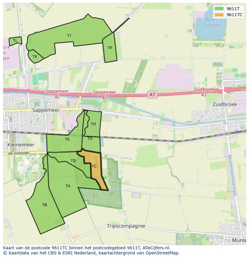 Afbeelding van het postcodegebied 9611 TC op de kaart.