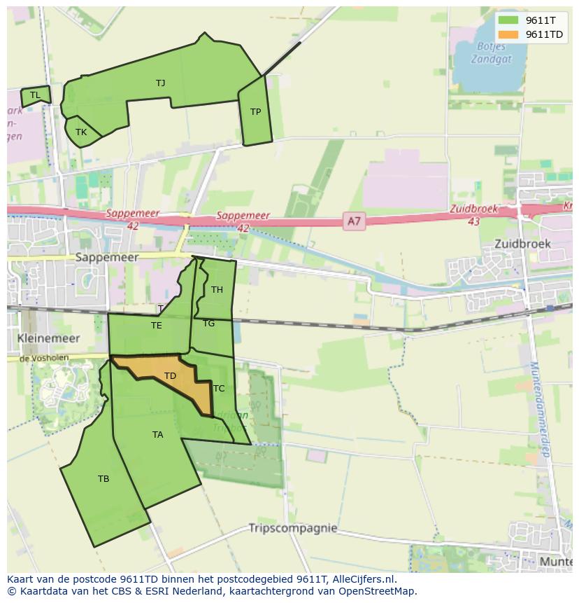 Afbeelding van het postcodegebied 9611 TD op de kaart.