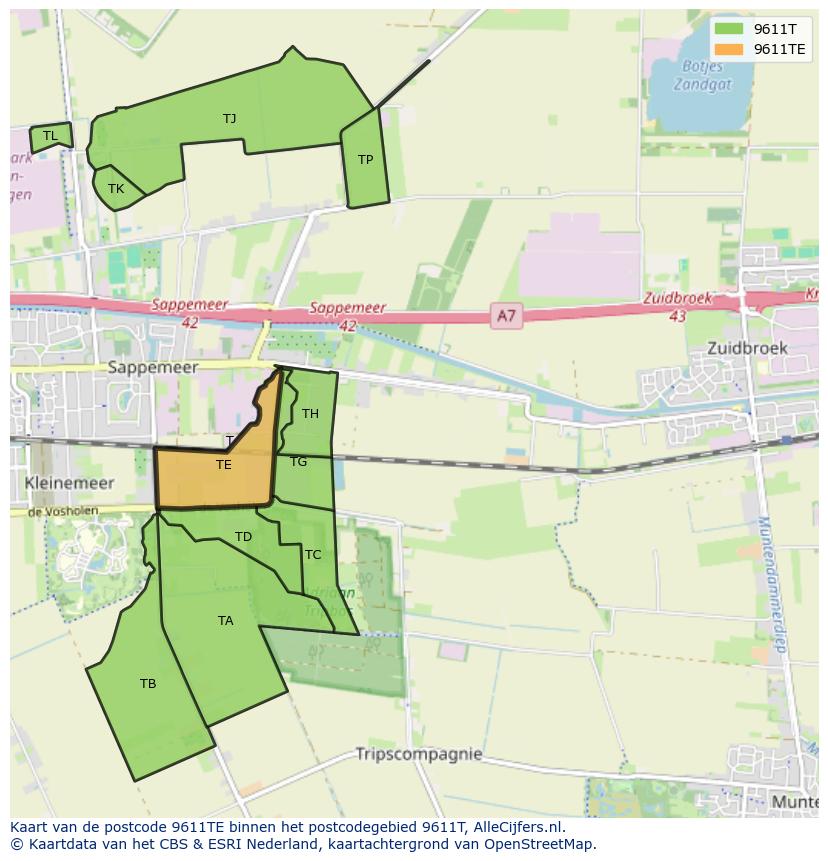 Afbeelding van het postcodegebied 9611 TE op de kaart.