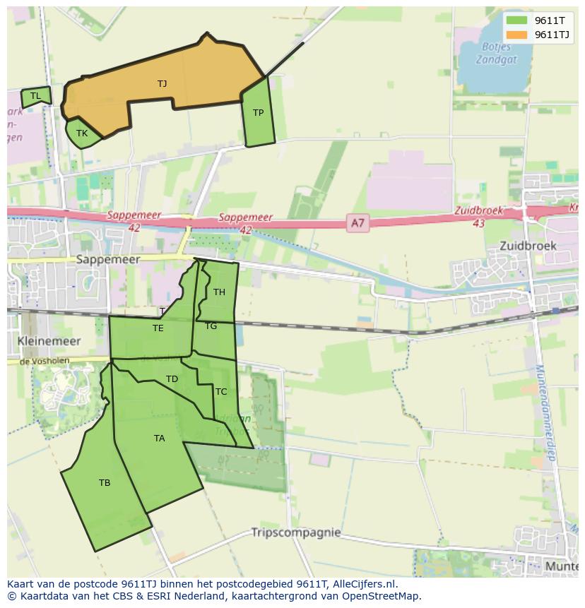 Afbeelding van het postcodegebied 9611 TJ op de kaart.