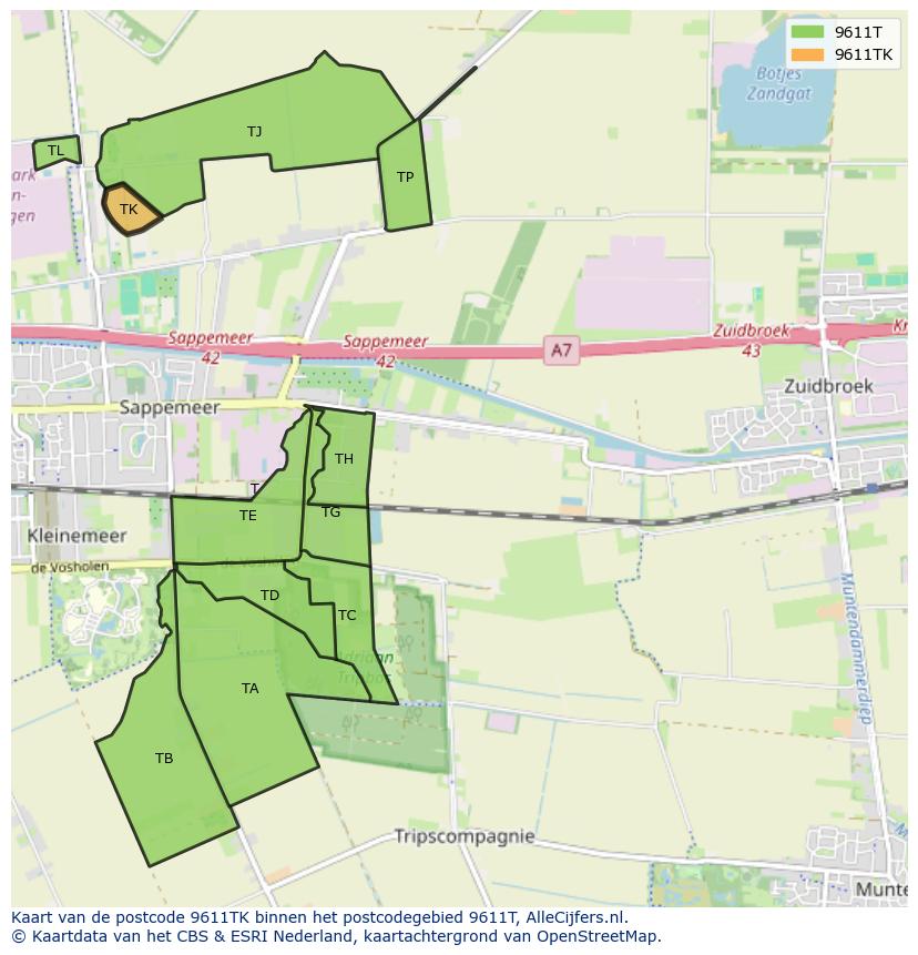 Afbeelding van het postcodegebied 9611 TK op de kaart.