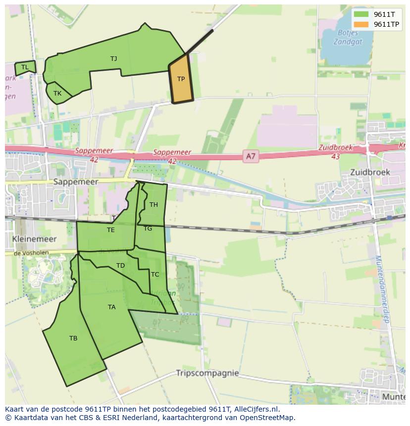Afbeelding van het postcodegebied 9611 TP op de kaart.