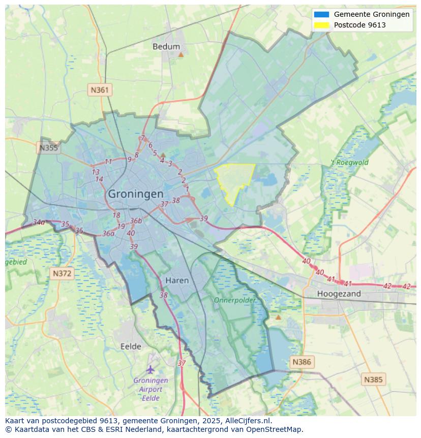 Afbeelding van het postcodegebied 9613 op de kaart.