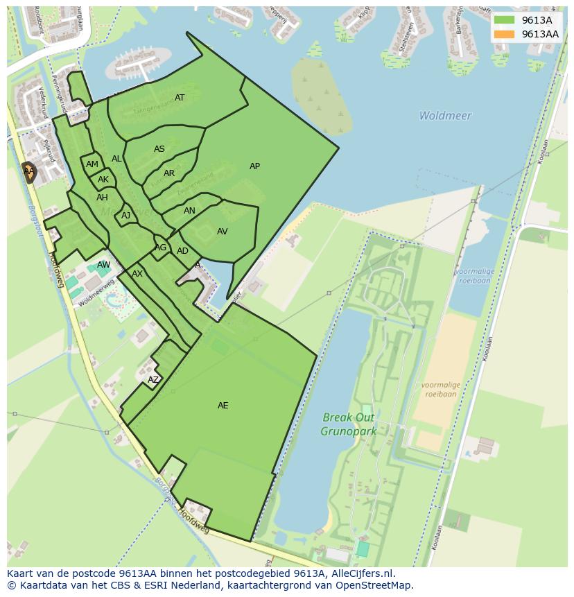 Afbeelding van het postcodegebied 9613 AA op de kaart.