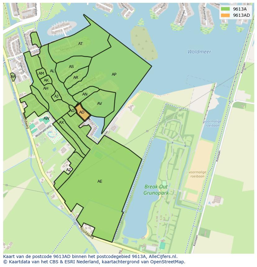 Afbeelding van het postcodegebied 9613 AD op de kaart.