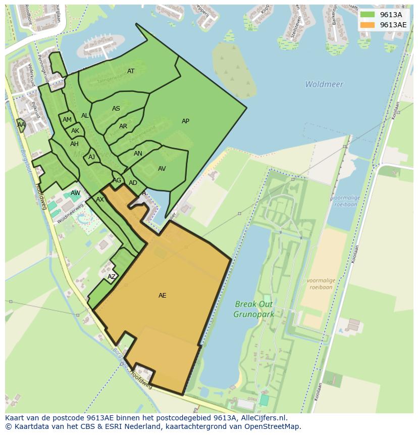 Afbeelding van het postcodegebied 9613 AE op de kaart.