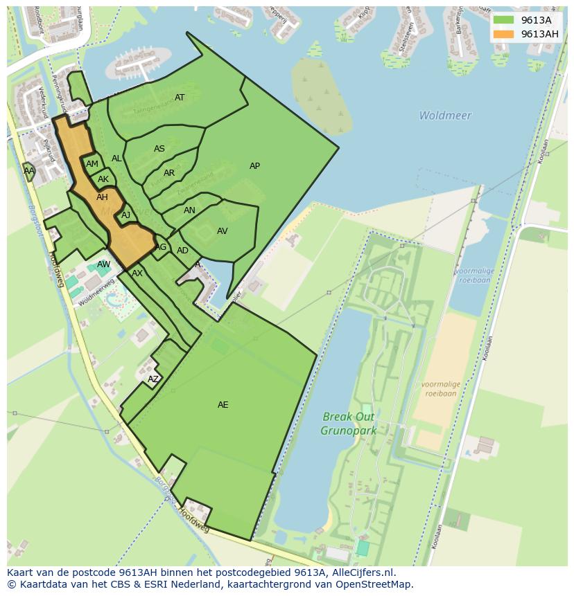 Afbeelding van het postcodegebied 9613 AH op de kaart.