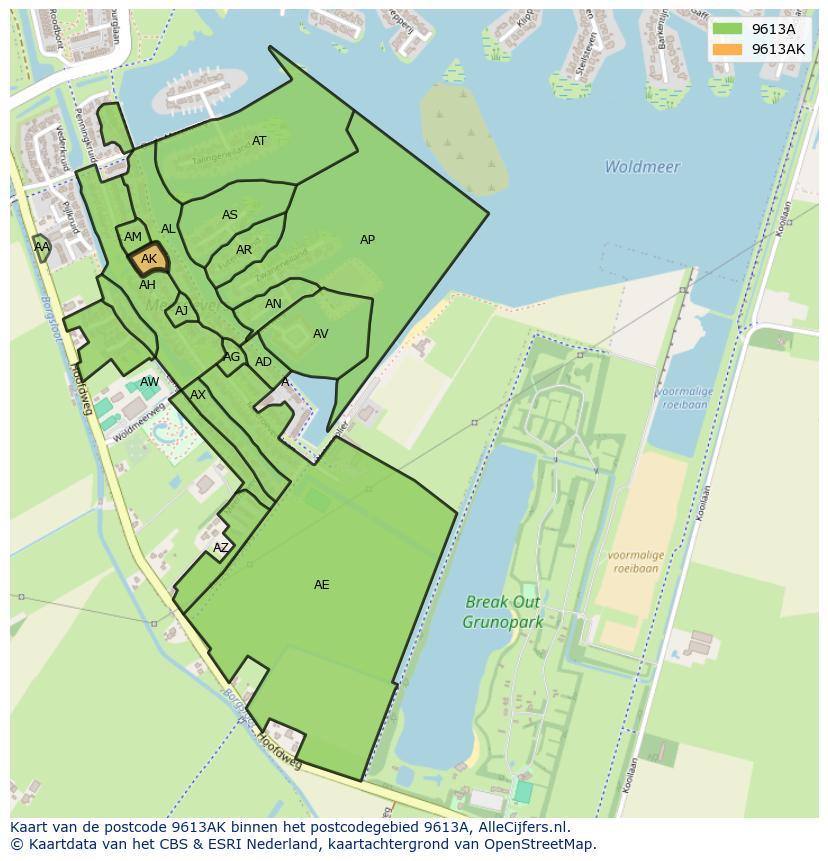 Afbeelding van het postcodegebied 9613 AK op de kaart.