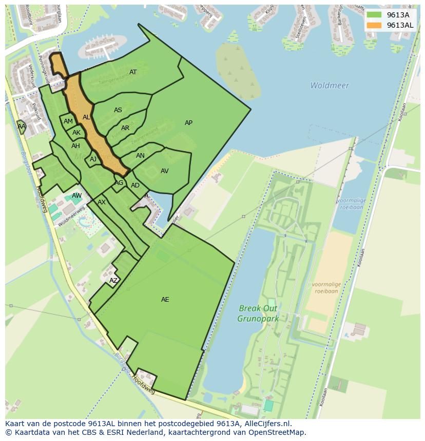 Afbeelding van het postcodegebied 9613 AL op de kaart.