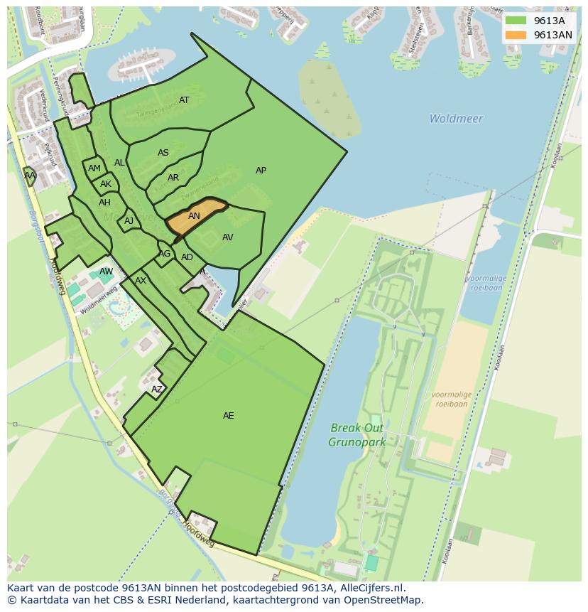 Afbeelding van het postcodegebied 9613 AN op de kaart.