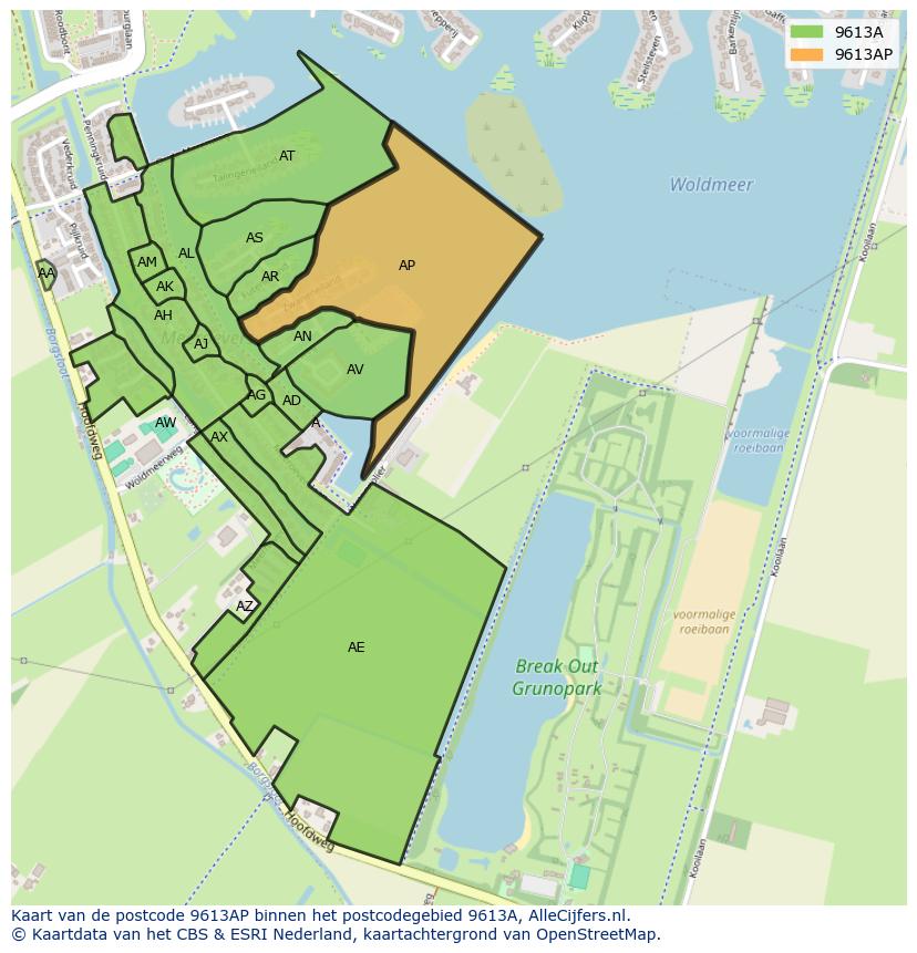 Afbeelding van het postcodegebied 9613 AP op de kaart.