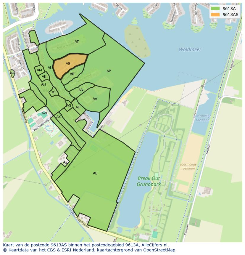 Afbeelding van het postcodegebied 9613 AS op de kaart.