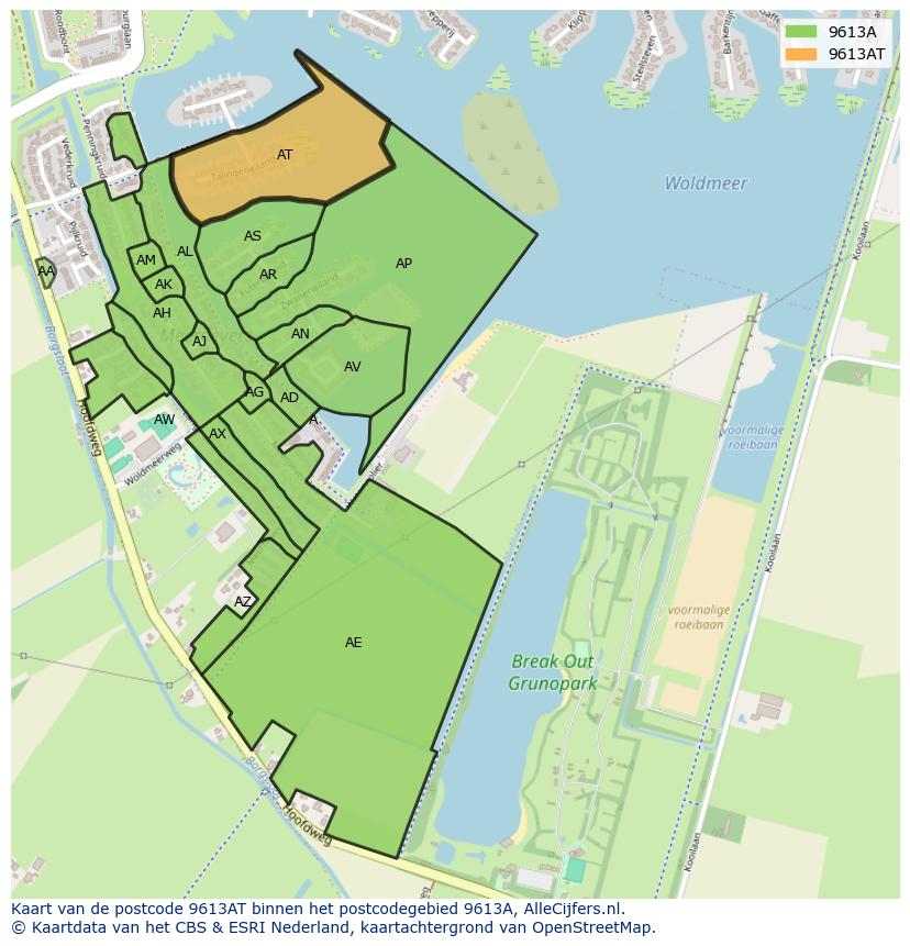 Afbeelding van het postcodegebied 9613 AT op de kaart.