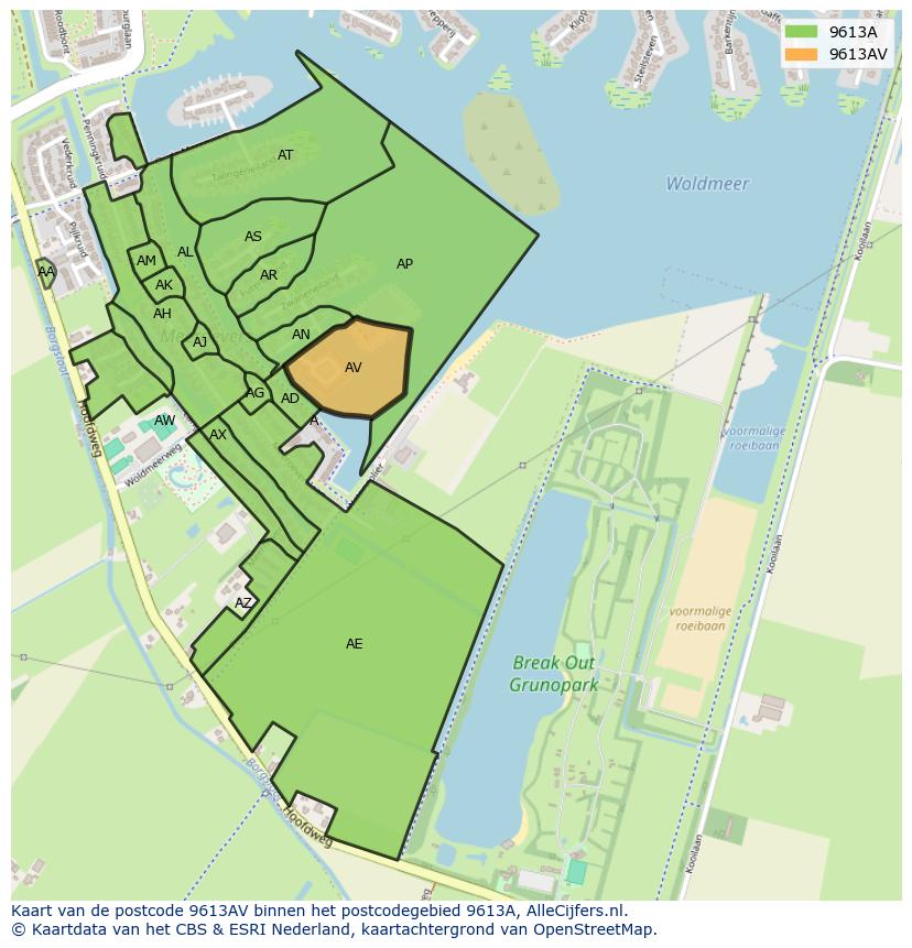 Afbeelding van het postcodegebied 9613 AV op de kaart.