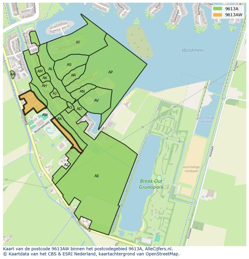 Afbeelding van het postcodegebied 9613 AW op de kaart.