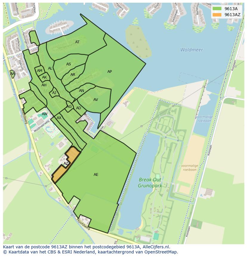 Afbeelding van het postcodegebied 9613 AZ op de kaart.