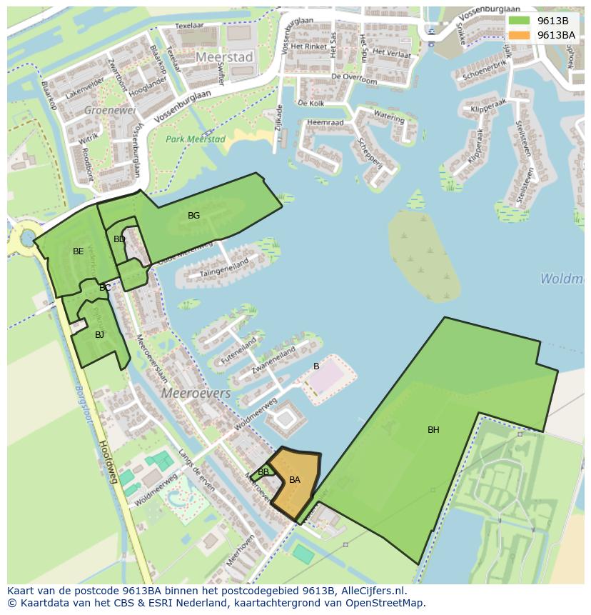 Afbeelding van het postcodegebied 9613 BA op de kaart.