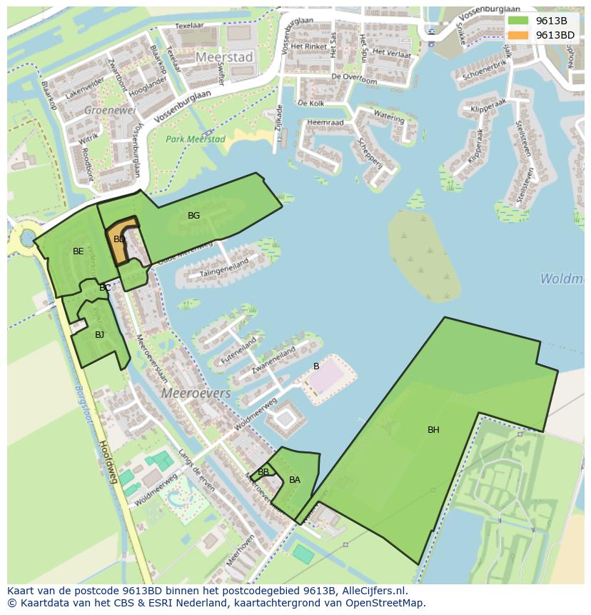 Afbeelding van het postcodegebied 9613 BD op de kaart.