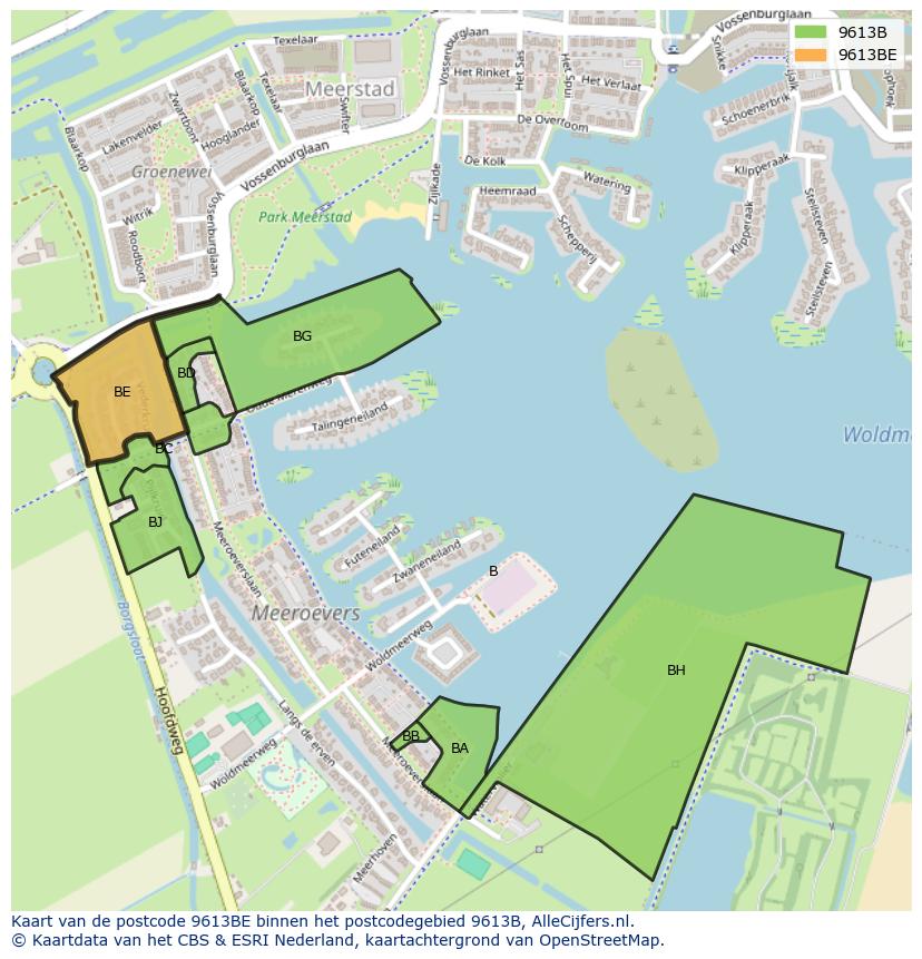 Afbeelding van het postcodegebied 9613 BE op de kaart.