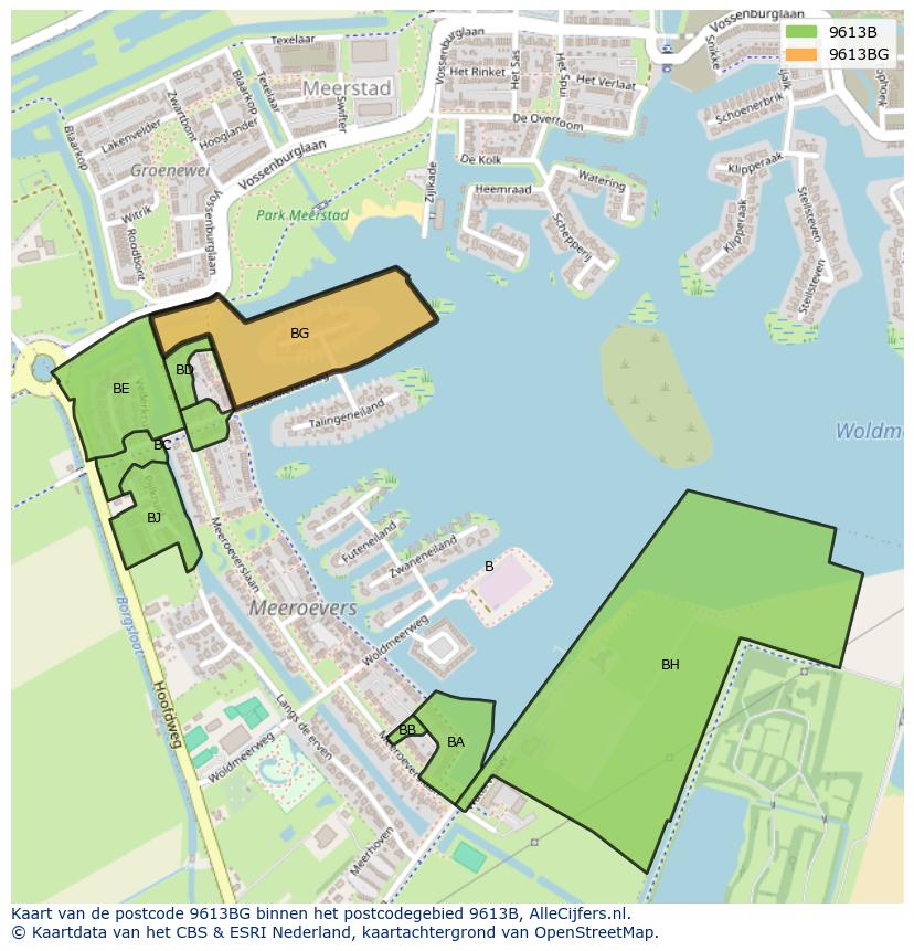 Afbeelding van het postcodegebied 9613 BG op de kaart.