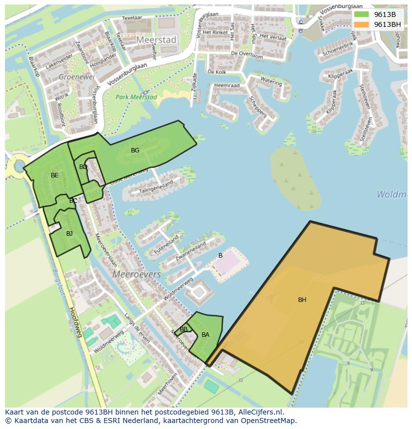 Afbeelding van het postcodegebied 9613 BH op de kaart.
