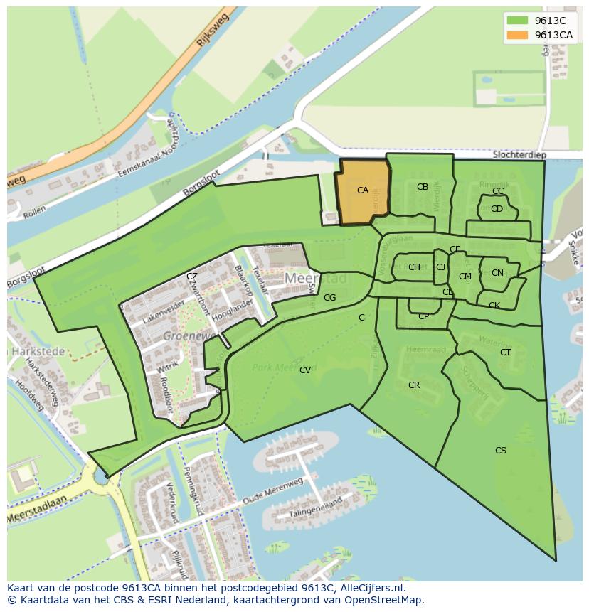 Afbeelding van het postcodegebied 9613 CA op de kaart.
