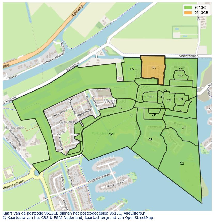 Afbeelding van het postcodegebied 9613 CB op de kaart.