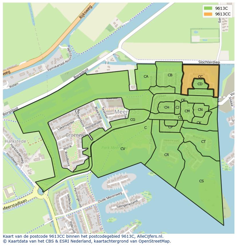 Afbeelding van het postcodegebied 9613 CC op de kaart.
