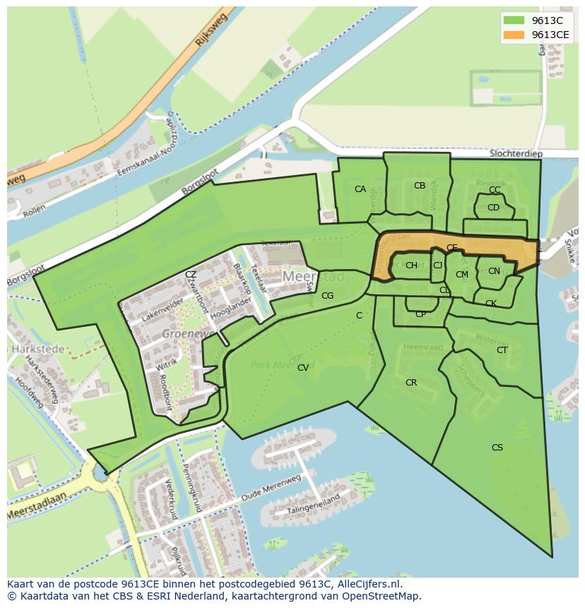Afbeelding van het postcodegebied 9613 CE op de kaart.