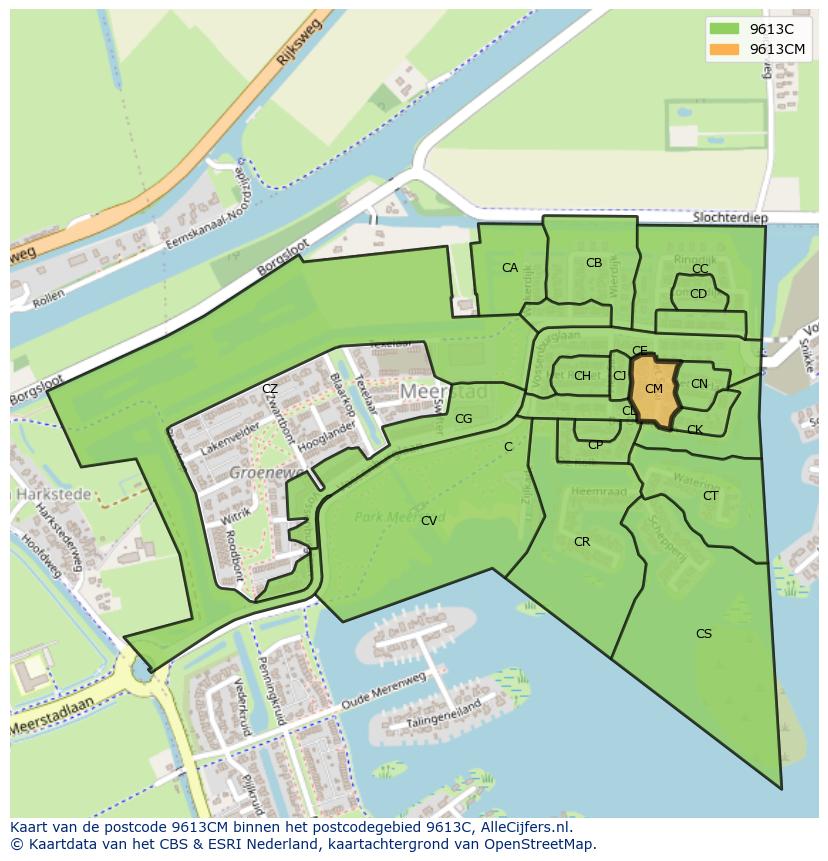 Afbeelding van het postcodegebied 9613 CM op de kaart.