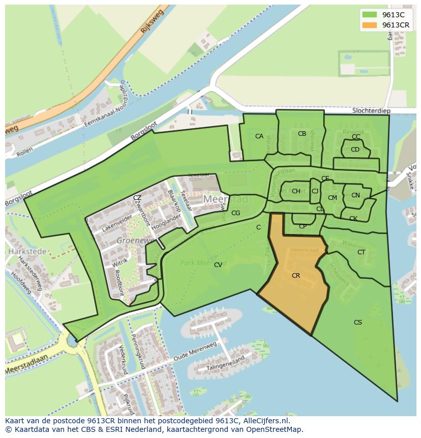 Afbeelding van het postcodegebied 9613 CR op de kaart.